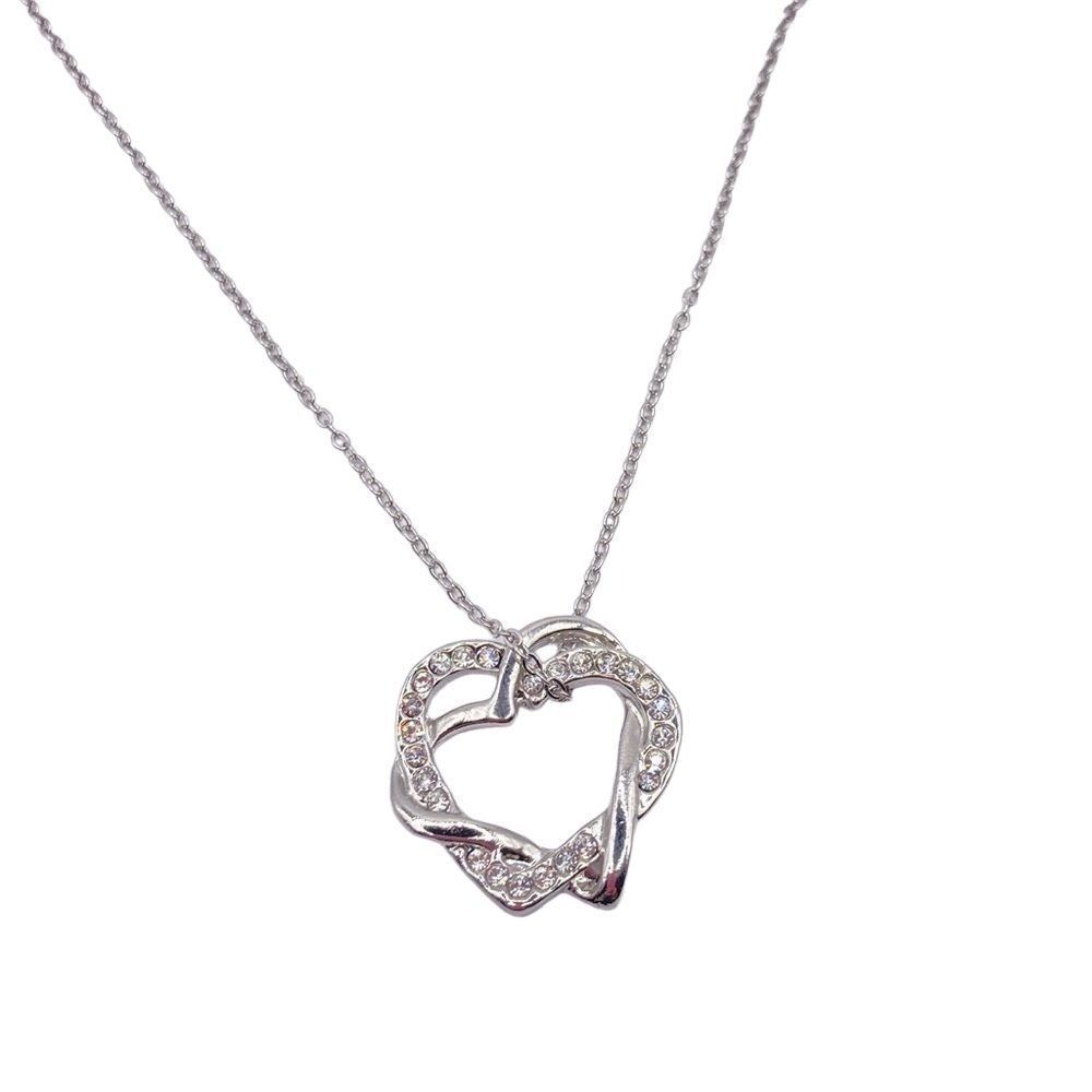 Swarovski Elements Sterling Silver Double Heart Crystal Pendant Necklace